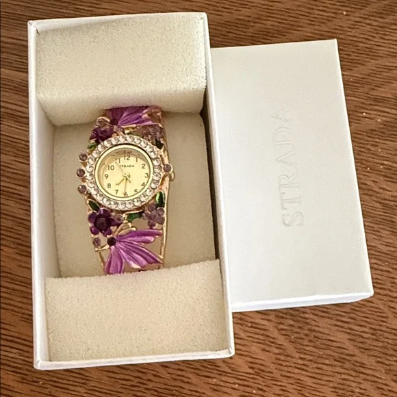 Strada Gold Watch with Purple Floral Accents - Picture 6 of 7